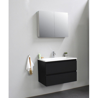 Basic Bella Meuble lavabo acrylique avec 1 trou de robinet avec armoire de toilette à 2 portes grise 80x55x46cm Flat Pack Noir mat