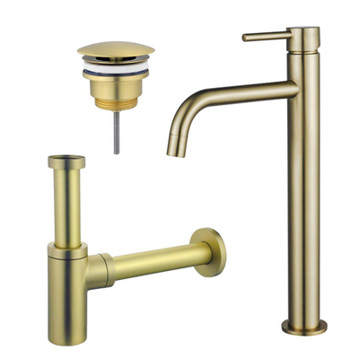 Fortifura Calvi Slim Kit mitigeur lavabo - robinet rehaussé - bonde nonobturable - siphon design - PVD Laiton brossé