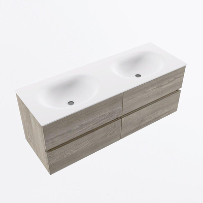 Mondiaz VICA ensemble de meuble de salle de bain - 130cm - meuble sous-vasque marron clair gris - 4 tiroirs - lavabo lune double - sans trous de robinet - version haute de 60cm - talc