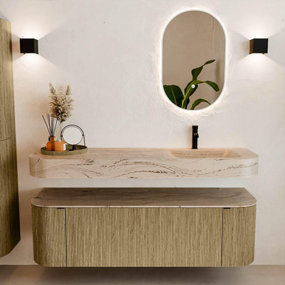 MONDIAZ THOR-DLUX 150cm meuble de salle de bains arrondi gauche + droite couleur Dusk avec 1 tiroir et 2 portes. Vasque suspendue CLOUD Droite 1 trou de robinet couleur Arena.