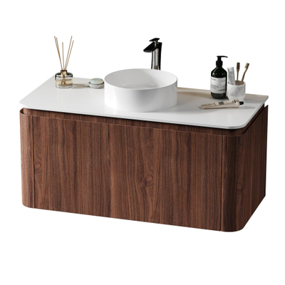 Saniclass Terra Badmeubelset - 100cm - 2 lades - afgeronde hoeken - topblad solid surface - kastanje (walnoot)