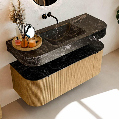 MONDIAZ THOR-DLUX 120cm badmeubel ronding links + rechts kleur Oak met 1 lade en 2 deuren. Vrijhangende wastafel CLOUD Midden zonder kraangat kleur Lava.