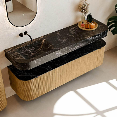 MONDIAZ THOR-DLUX Meuble de salle de bains - 170cm - arrondi gauche + droite - couleur Oak - 1 tiroir et 2 portes - Vasque suspendue CLOUD Gauche sans trou de robinet - couleur Lava