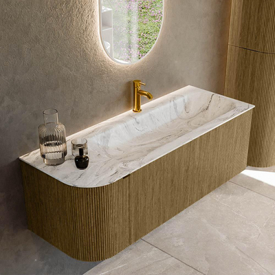 Mondiaz KURVE-DLUX Badkamermeubelset - 125x46x40cm - 1 lade - 1 deur - wastafel solid surface - rechts - 1 kraangat - Dusk