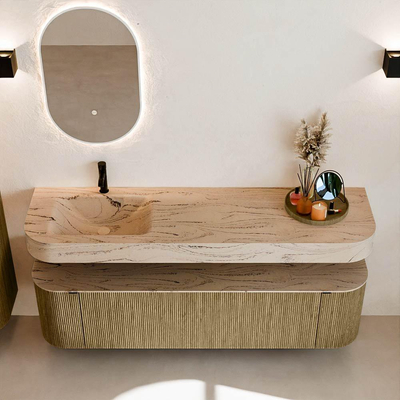 MONDIAZ THOR-DLUX 170cm meuble de salle de bains arrondi gauche + droite couleur Dusk avec 1 tiroir et 2 portes. Vasque suspendue CLOUD Gauche 1 trou de robinet couleur Arena.