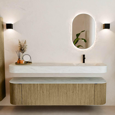 MONDIAZ THOR-DLUX 180cm meuble de salle de bains arrondi gauche + droite couleur Dusk avec 2 tiroirs et 2 portes. Vasque suspendue CLOUD Droite 1 trou de robinet couleur Opalo.