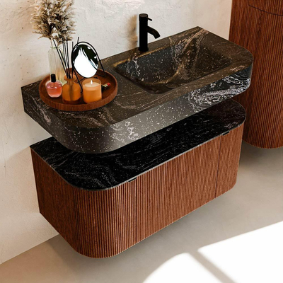 MONDIAZ THOR-DLUX 100cm meuble de salle de bains arrondi gauche + droite couleur Ruby avec 1 tiroir et 2 portes. Vasque suspendue CLOUD Droite 1 trou de robinet couleur Lava.