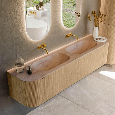 MONDIAZ KURVE-DLUX 190cm meuble de salle de bains arrondi Gauche + Droite couleur Chêne avec 2 tiroirs et 2 portes. Lavabo STOR SMALL Double sans trou de robinet Saba.