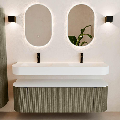 MONDIAZ THOR 150cm meuble de salle de bains arrondi gauche + droite couleur Shadow avec 1 tiroir et 2 portes. Vasque suspendue CLOUD Double 2 trous de robinet couleur Talc.