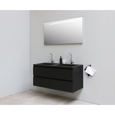 Basic Bella Meuble salle de bains avec lavabo acrylique avec miroir et éclairage Noir 120x55x46cm 2 trous de robinet Noir mat