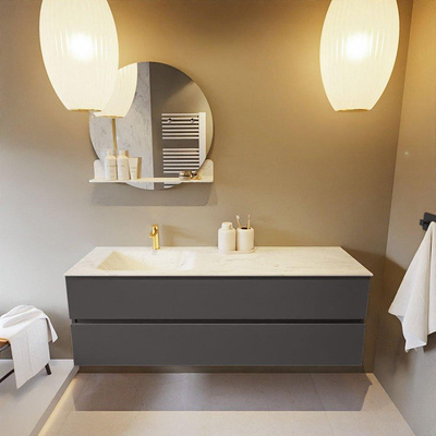 Mondiaz VICA-DLUX ensemble de meuble de salle de bain - 150cm - meuble sous-vasque gris foncé - 2 tiroirs - lavabo encastré cloud gauche - 1 trou de robinet - version haute de 60cm - opalo