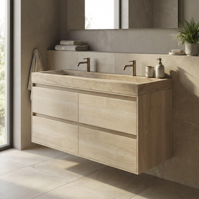 Forzalaqua Ibiza Ensemble meuble de salle de bains - 120x50x70cm - 4 tiroirs - lavabo en travertin - 2 trous de robinet - jeu de supports - bouchen de vidage - smoke