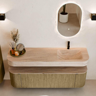 MONDIAZ THOR-DLUX 160cm meuble de salle de bains arrondi gauche + droite couleur Dusk avec 1 tiroir et 2 portes. Vasque suspendue CLOUD Droite 1 trou de robinet couleur Saba.