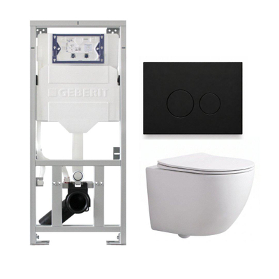 Pack WC QeramiQ Dely Swirl Compact - réservoir encastrable Geberit UP320 - avec bâti-support Burda - abattant 25 mm - plaque de commande en métal noir mat - boutons ronds - blanc brillant