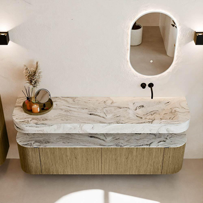 MONDIAZ THOR-DLUX 180cm meuble de salle de bains arrondi gauche + droite couleur Dusk avec 2 tiroirs et 2 portes. Vasque suspendue CLOUD Droite sans trou de robinet couleur Glace.