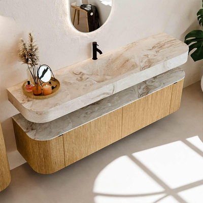 MONDIAZ THOR-DLUX 180cm meuble de salle de bains arrondi gauche + droite couleur Oak avec 2 tiroirs et 2 portes. Vasque suspendue CLOUD Milieu 1 trou de robinet couleur Frappe.