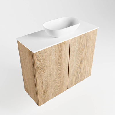 Mondiaz fowy meuble toilette 60x50x23cm chêne lavé mat 1 trou pour robinetterie évier : central 2 portes solid surface avec plan mélaminé couleur évier : blanc