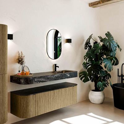 MONDIAZ THOR-DLUX 150cm meuble de salle de bains arrondi gauche + droite couleur Dusk avec 1 tiroir et 2 portes. Vasque suspendue CLOUD Droite 1 trou de robinet couleur Lava.