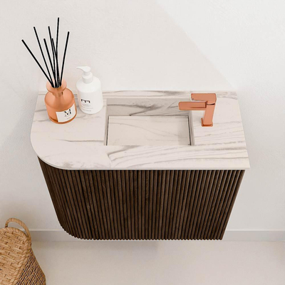 Mondiaz JOYA-DLUX 51.6cm toiletmeubel - ronding links kleur Walnut - Wastafel FAYE positie Rechts 1 kraangat kleur Nata.