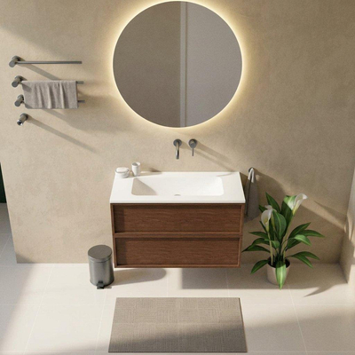 Saniclass Holz Frame Ensemble meuble de salle de bains - 100x45x77.5cm - lavabo Torino en solid surface blanc - sans trou de robinet - 2 tiroirs - noyer pure mat (bois)