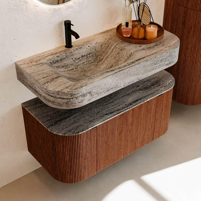 MONDIAZ THOR-DLUX 100cm meuble de salle de bains arrondi gauche + droite couleur Ruby avec 1 tiroir et 2 portes. Vasque suspendue CLOUD Gauche 1 trou de robinet couleur Oza.