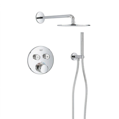 Grohe - Adema Rise Regendoucheset - rond - wandaansluitbocht met handdouchehouder - gladde doucheslang - staafhanddouche - wandarm - 25cm hoofddouche - Grohe SmartControl inbouwthermostaat - chroom