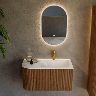 MONDIAZ KURVE 85cm Meuble salle de bain avec module 25 G - couleur Walnut - 1 tiroir - 1 porte - vasque CLOUD droite - 1 trou de robinet - Talc