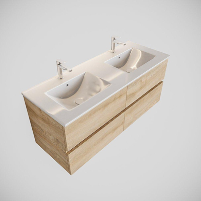 MONDIAZ VICA Ensemble de meuble salle de bain - 120cm - 4 tiroirs - lavabo Denia double 2 trous de robinet - céramique - chêne blanchi