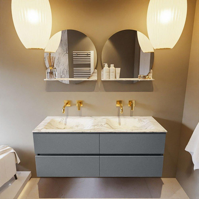 MONDIAZ VICA-DLUX Ensemble meuble de salle de bains - 130cm - meuble bas plata - 4 tiroirs - lavabo encastré cloud double - sans trous de robinet - version haute 60cm - glace