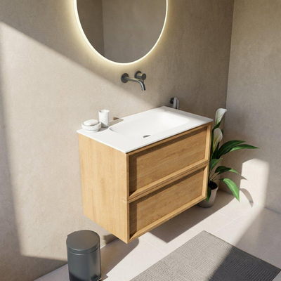 Saniclass Holz Frame Ensemble de meubles de salle de bains - 80x45x61.5cm - Flow lavabo en solid surface blanc - 1 vasque - sans trou de robinetterie - 2 tiroirs - chêne natural mat (bois)