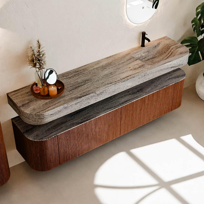 MONDIAZ THOR-DLUX 200cm meuble de salle de bains arrondi gauche + droite couleur Ruby avec 2 tiroirs et 2 portes. Vasque suspendue CLOUD Droite 1 trou de robinet couleur Oza.