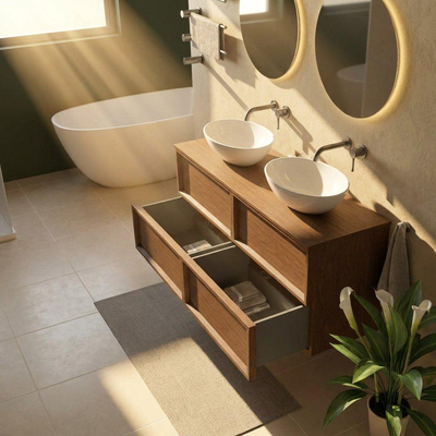 Saniclass Holz Frame Ensemble de meuble de salle de bains - 140x45x62cm - plan de travail en bois - sans trou de robinet - 4 tiroirs - brillant walnut pure (bois)