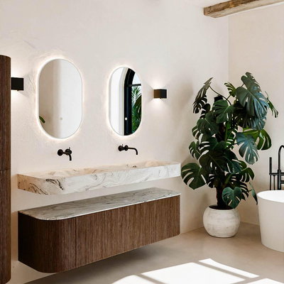 MONDIAZ THOR-DLUX 160cm meuble de salle de bains arrondi gauche + droite couleur Walnut avec 1 tiroir et 2 portes. Vasque suspendue CLOUD Double sans trou de robinet couleur Glace.