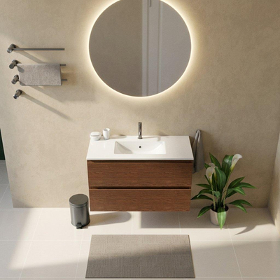 Saniclass Holz Pure Ensemble de meubles de salle de bains - 100x45x62cm - Lavabo Vygo en céramique blanc - 1 vasque - 1 trou de robinetterie - 2 tiroirs - walnut pure mat (bois)