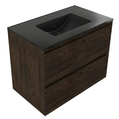 Saniclass Holz Pure Ensemble meuble de salle de bains - 80x45x62cm - lavabo Vygo en céramique noir - 1 vasque - sans trou de robinet - 2 tiroirs - chêne charcoal mat (bois)