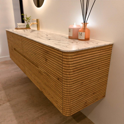 Mondiaz CIRO-DLUX Badkamermeubelset - 180x45x50cm - Solid surface wastafel Glace - 1 wasbak Links - 1 kraangat - 4 lades - Oak