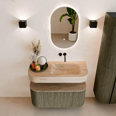 MONDIAZ THOR-DLUX 100cm meuble de salle de bains arrondi gauche + droite couleur Shadow avec 1 tiroir et 2 portes. Vasque suspendue CLOUD droite sans trou de robinet couleur Arena.