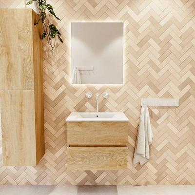 MONDIAZ VICA meuble sous lavabo 60cm Chêne Blanchi 2 tiroirs. Lavabo DENIA centre 1 trou de robinet, couleur Blanc Brillant.