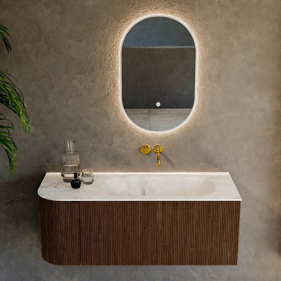 MONDIAZ KURVE-DLUX 115cm badmeubel met module 25 L kleur Walnut met 1 lade en 1 deur. Wastafel BIG SMALL rechts zonder kraangat kleur Frappe.
