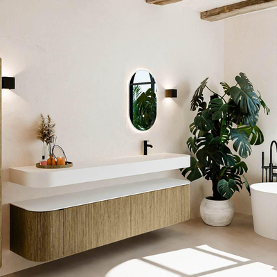 MONDIAZ THOR Meuble de salle de bains - 200cm - arrondi gauche + droite - couleur Dusk - 2 tiroirs - 2 portes - Vasque suspendue CLOUD droite 1 trou de robinet - couleur Talc