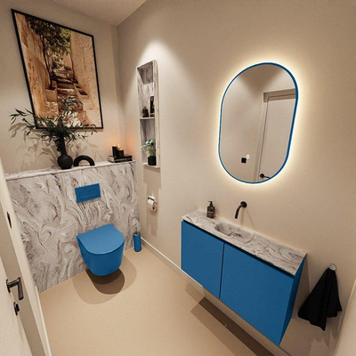 MONDIAZ TURE-DLUX Meuble toilette - 80cm - Jeans - EDEN - vasque Glace - position centrale - sans trou de robinet