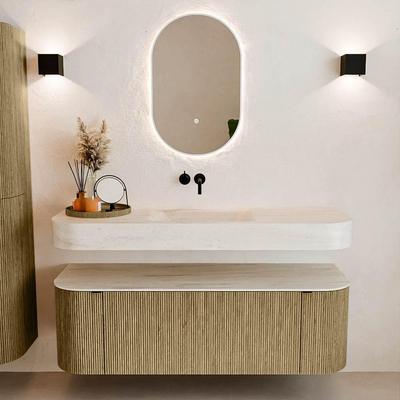 MONDIAZ THOR-DLUX Meuble de salle de bains 140cm arrondi gauche + droite couleur Dusk avec 1 tiroir et 2 portes. Vasque suspendue CLOUD Milieu sans trou de robinet couleur Meli.