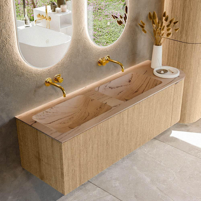 MONDIAZ KURVE-DLUX 145cm badmeubel ronding Rechts kleur Oak met 1 lade en 1 deur. Wastafel LEAF Dubbel / Links zonder kraangat Arena.