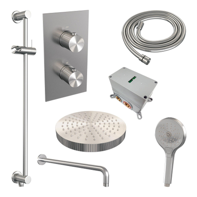 BRAUER Stripe Thermostatische Inbouw Regendouche - 3-weg - rechthoekig - SET 23 - 25cm douchekop - gebogen muurarm - 3-standen handdouche - doucheslang - geïntegreerde glijstang - RVS-kleurig geborsteld PVD