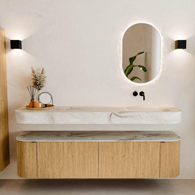 MONDIAZ THOR-DLUX 180cm meuble de salle de bains arrondi gauche + droite couleur Oak avec 2 tiroirs et 2 portes. Vasque suspendue CLOUD Droite sans trou de robinet couleur Frappe.