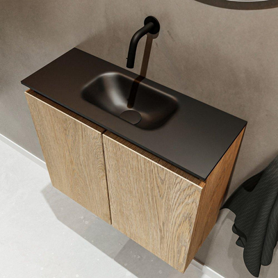 MONDIAZ TURE Fonteinset - 60x23x50cm - 0 kraangaten - 2 deuren - washed oak mat - Wasbak midden - Solid Surface Zwart