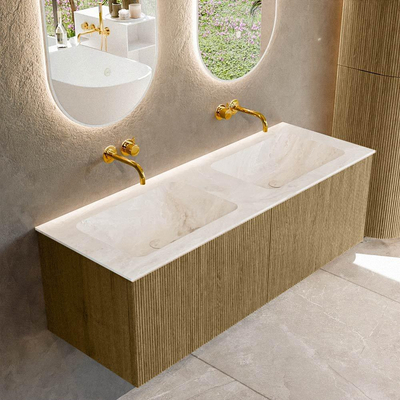 Mondiaz KURVE-DLUX Badkamermeubelset - 130x46x40cm - 2 lade - wastafel solid surface - dubbel - zonder kraangat - Dusk