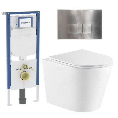 QeramiQ Dely Toiletset - 36.3x51.7cm - diepspoel - rimless - Geberit UP720 inbouwreservoir - softclose toiletzitting - steel bedieningsplaat - rechtehoekige knoppen - wit glans