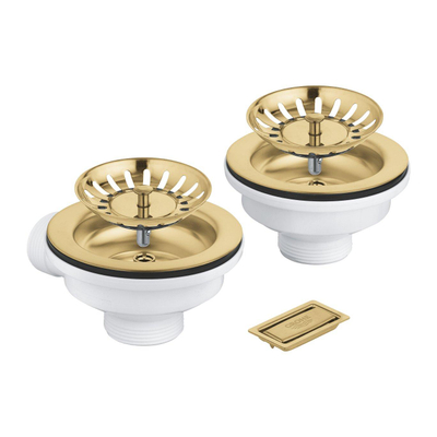 GROHE ensemble de bonde à panier à commande par pression pour vidage - pour 2 éviers - combinaison de trop-plein - élément de recouvrement de trop-plein - Cool Sunrise brossé (or mat)