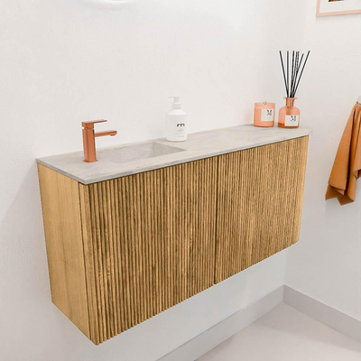 Mondiaz JOYA-DLUX 91.6cm toiletmeubel - ronding rechts kleur Oak - Wastafel FAYE positie Links 1 kraangat kleur Ostra.